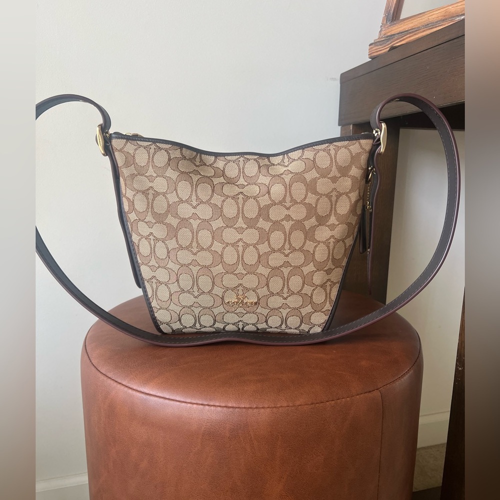Coach Brown Signature Jacquard & Leather Crossbody Dufflette Shoulder Bag